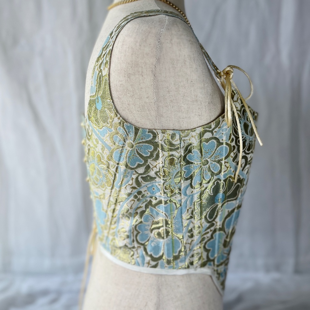 Gold Floral Brocade Corset Top: Handcrafted Flower Corset - Picture 3 of 9